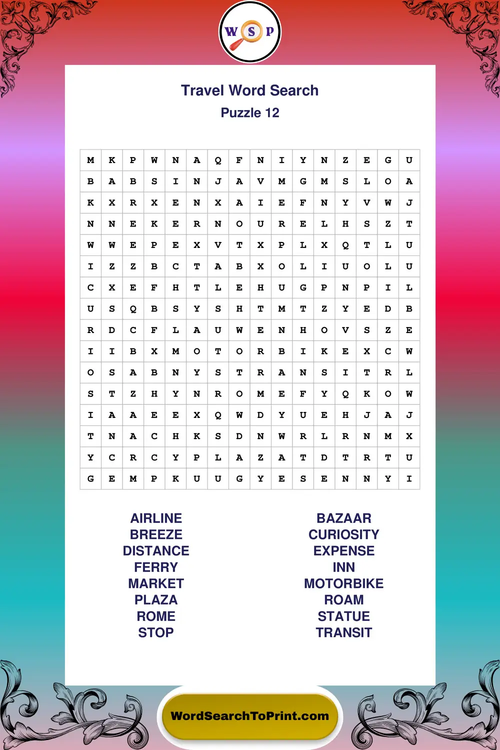 Travel Word Search Puzzle 12