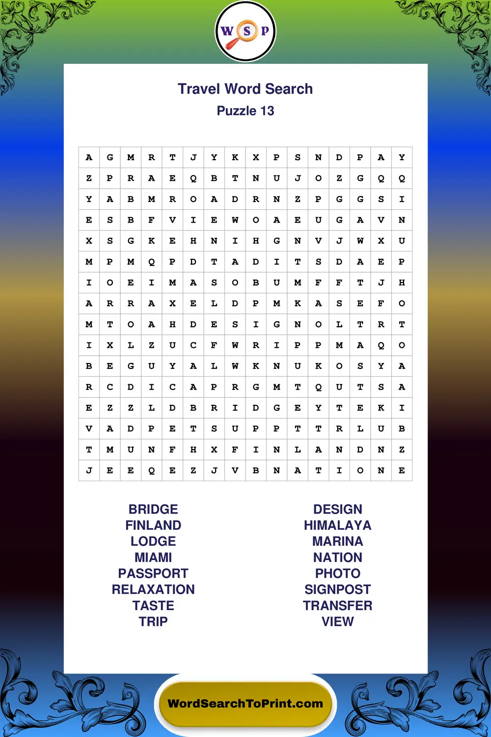 Travel Word Search Puzzle 13
