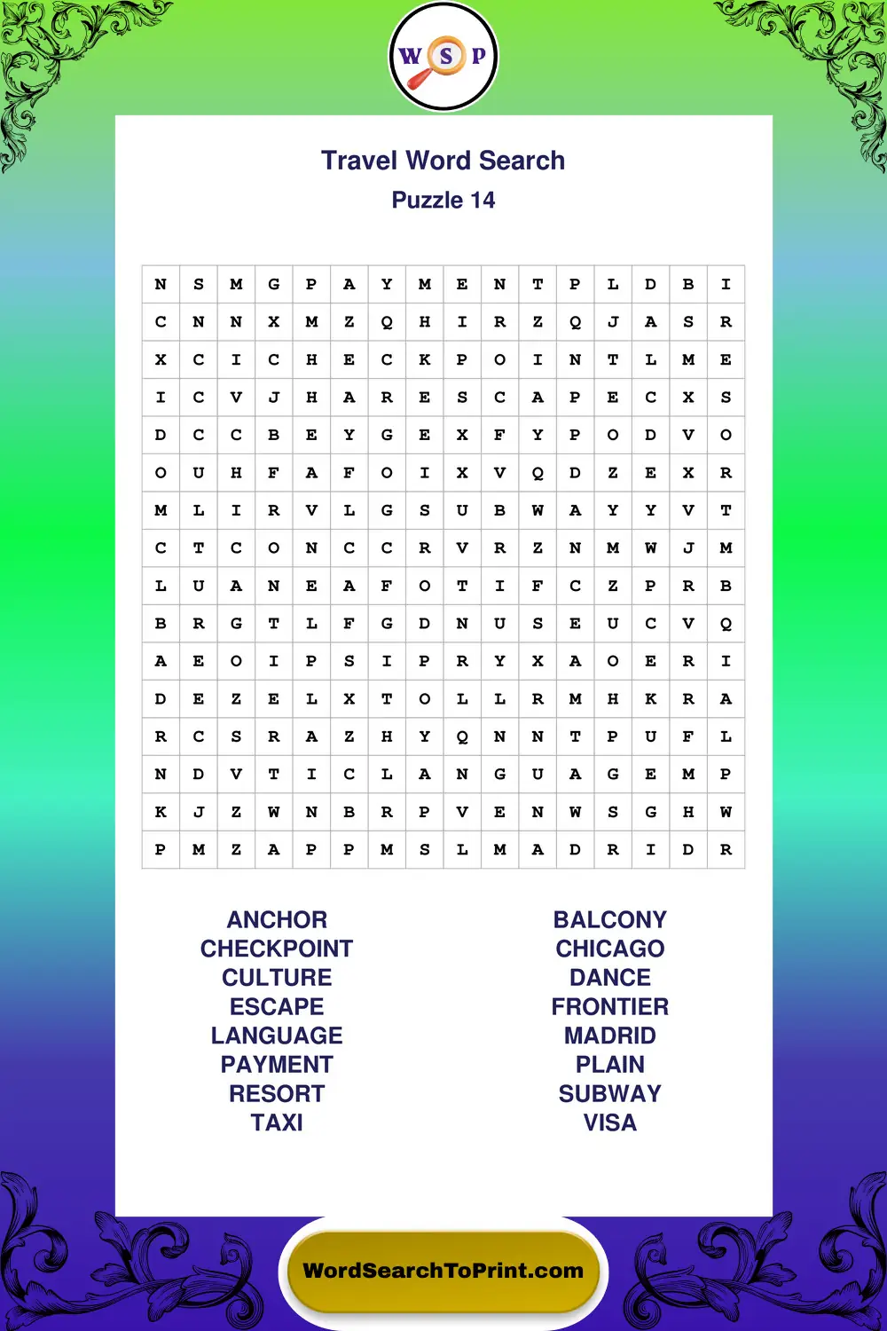 Travel Word Search Puzzle 14