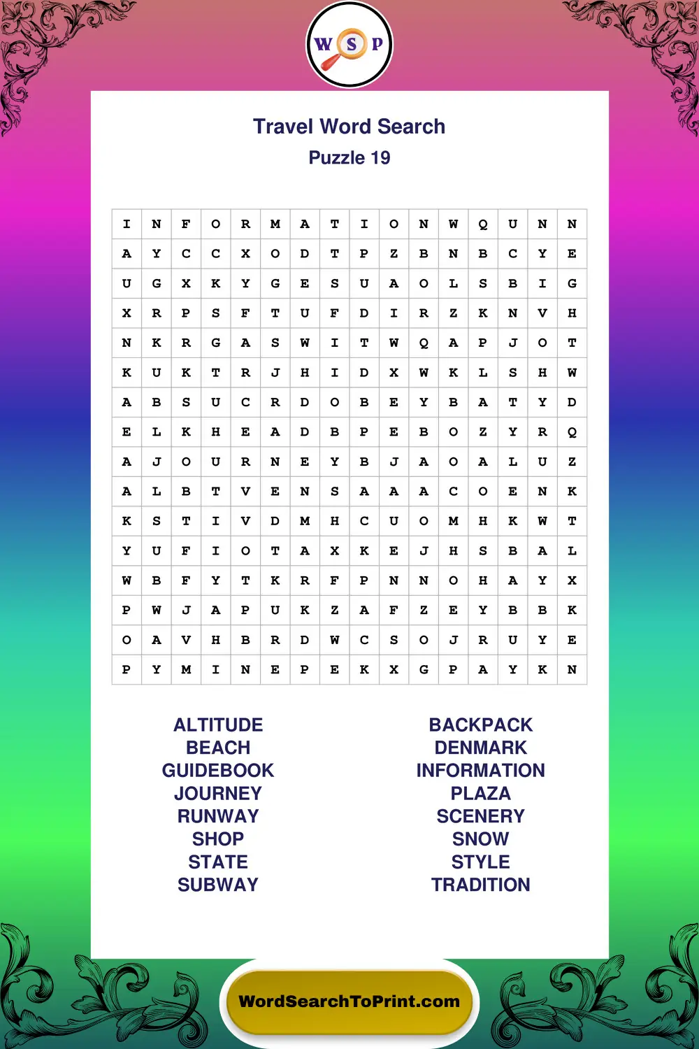 Travel Word Search Puzzle 19