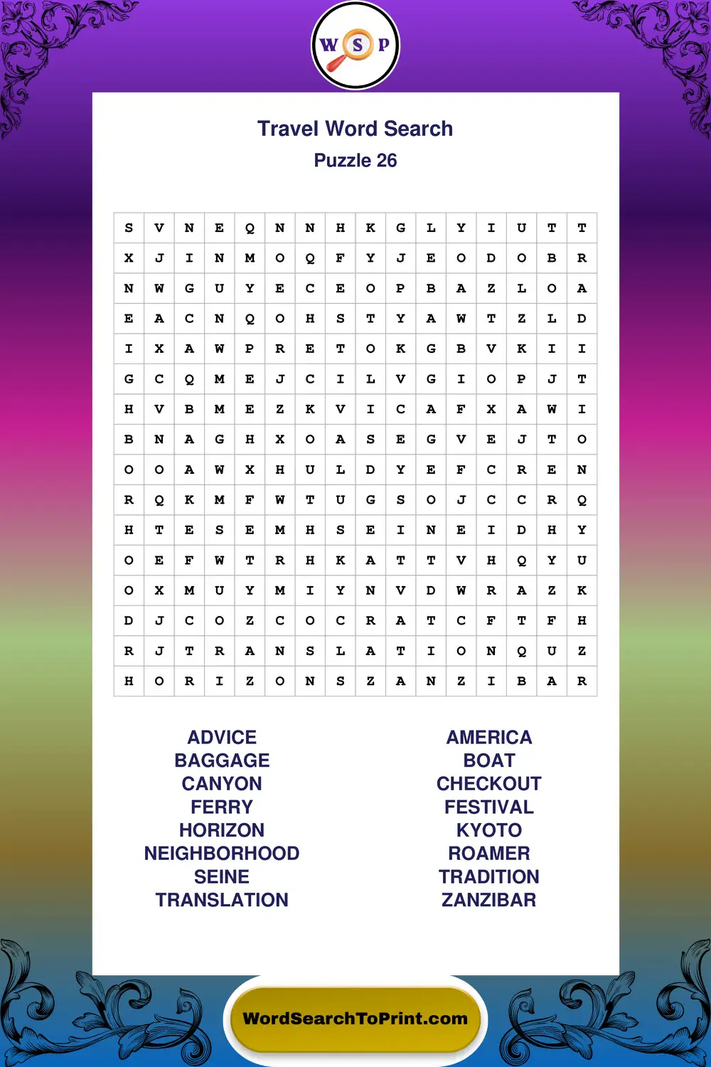 Travel Word Search Puzzle 26