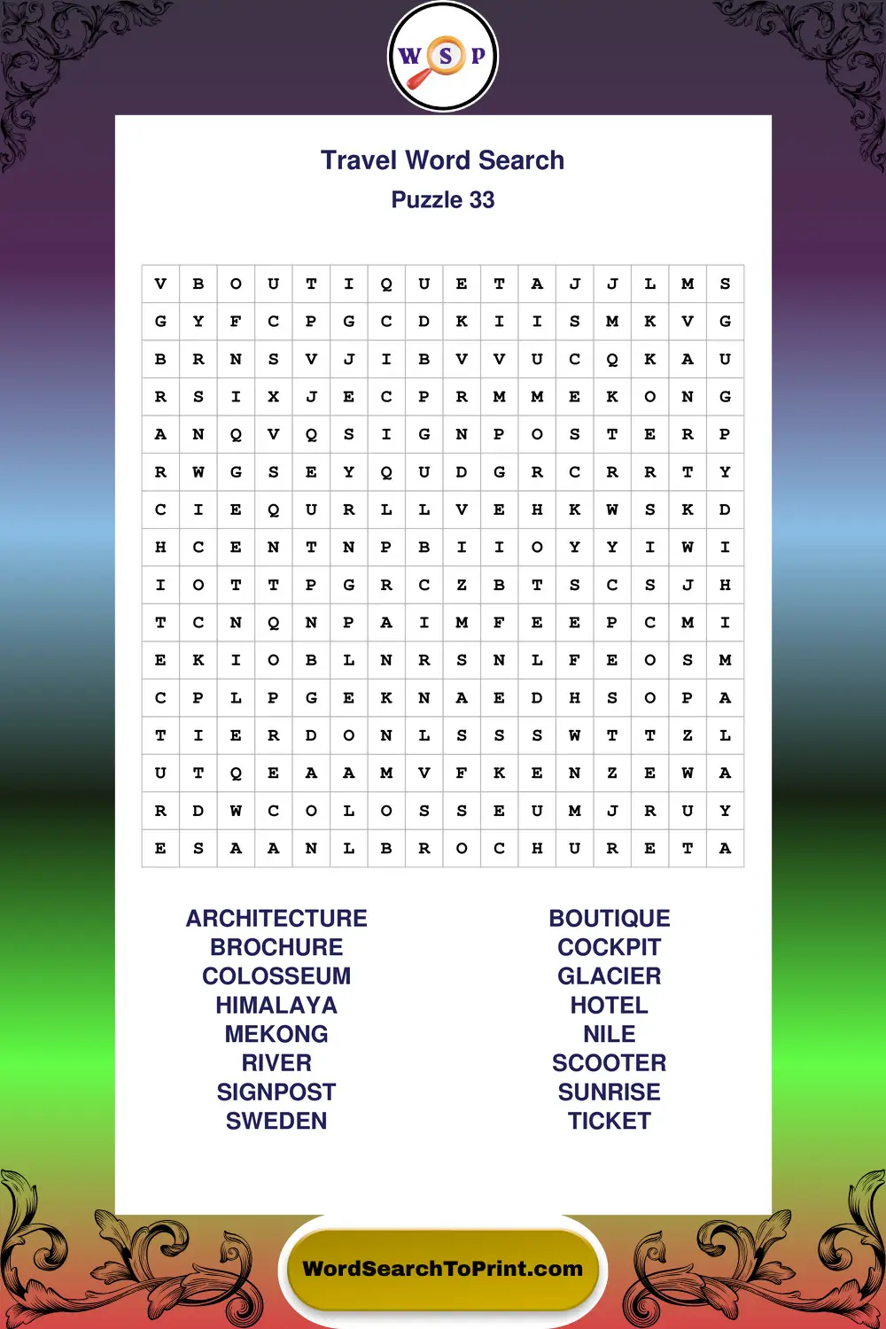 Travel Word Search Puzzle 33