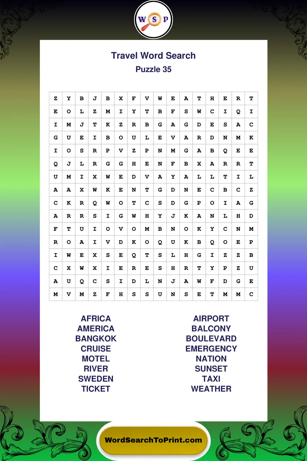 Travel Word Search Puzzle 35