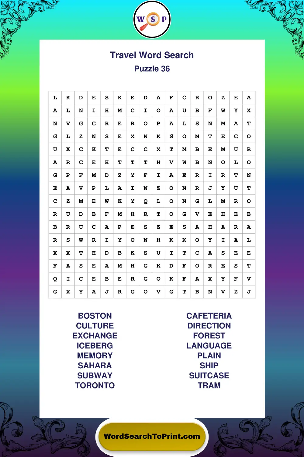 Travel Word Search Puzzle 36