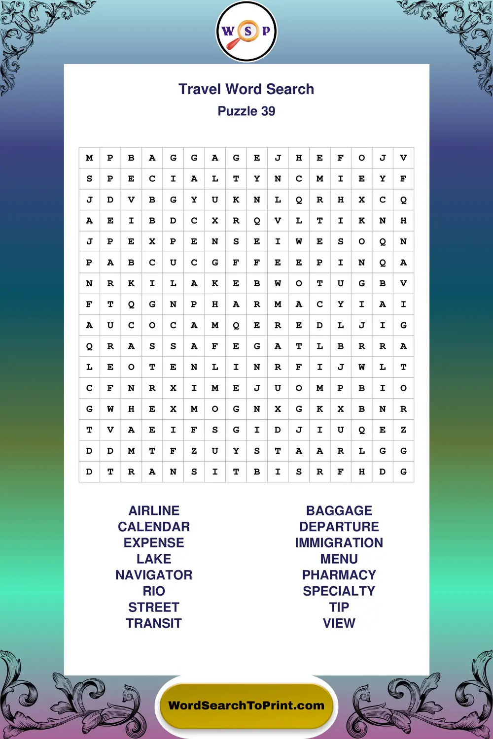 Travel Word Search Puzzle 39