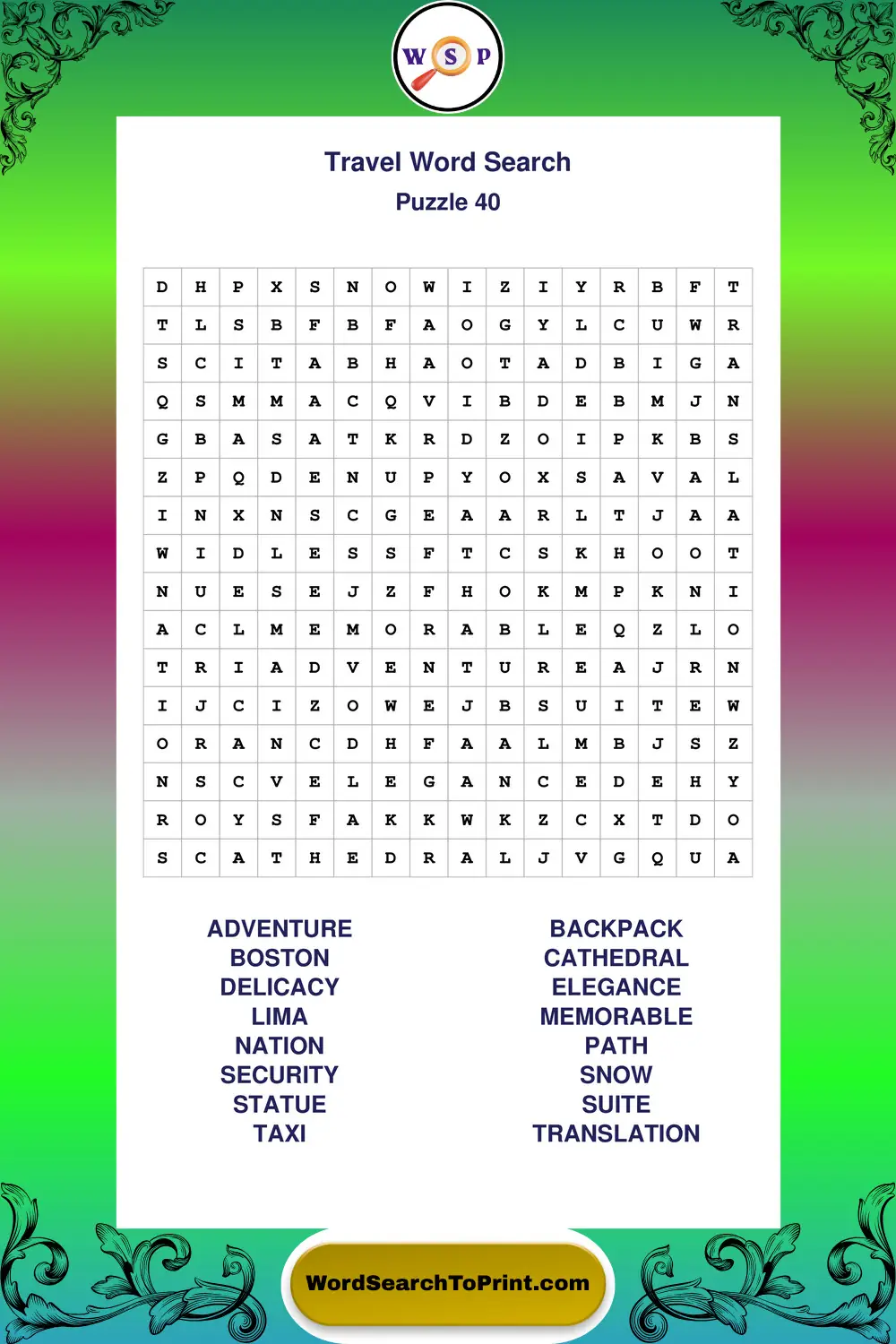 Travel Word Search Puzzle 40