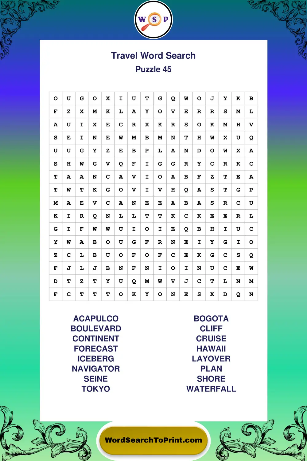 Travel Word Search Puzzle 45