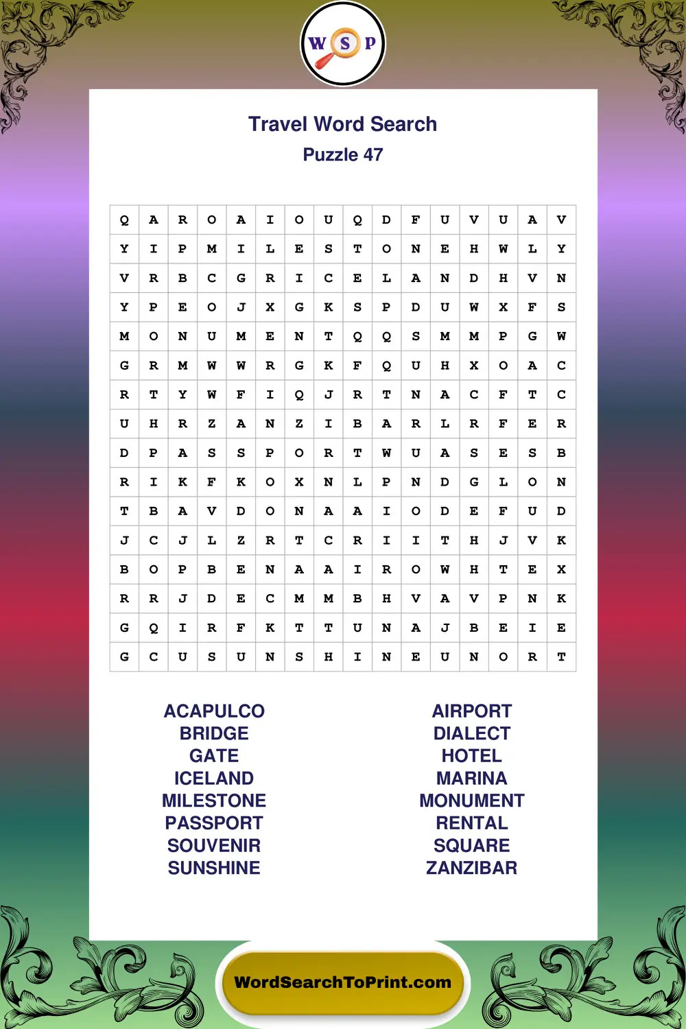 Travel Word Search Puzzle 47