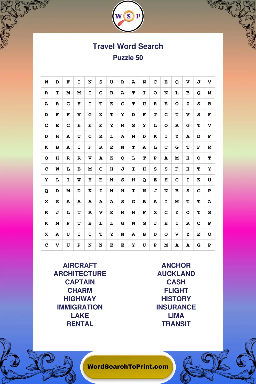 Travel Word Search Puzzle 50
