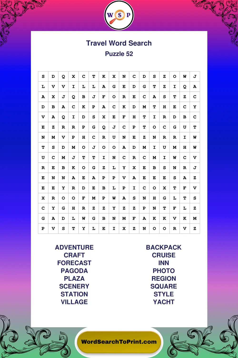 Travel Word Search Puzzle 52