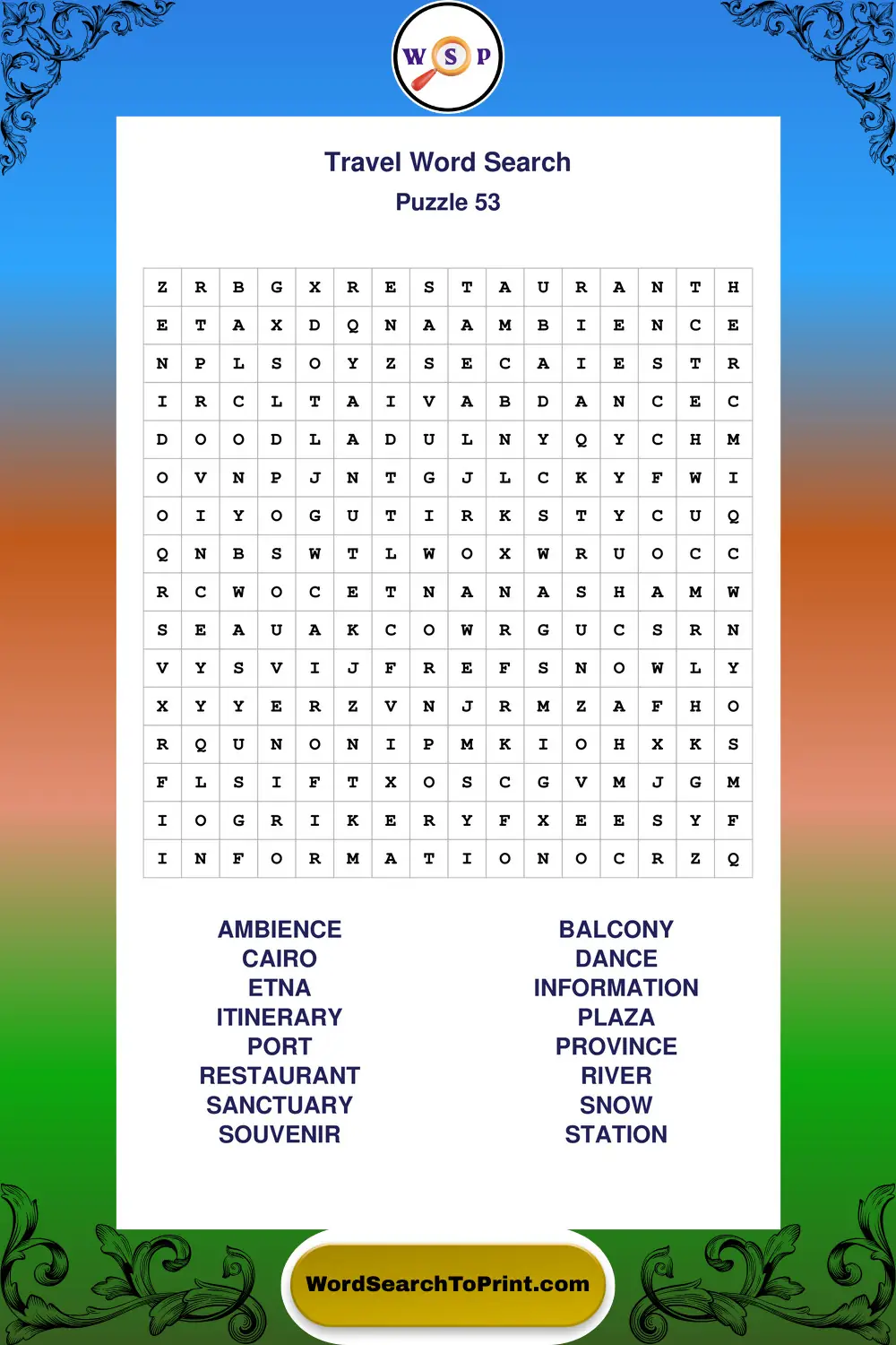 Travel Word Search Puzzle 53