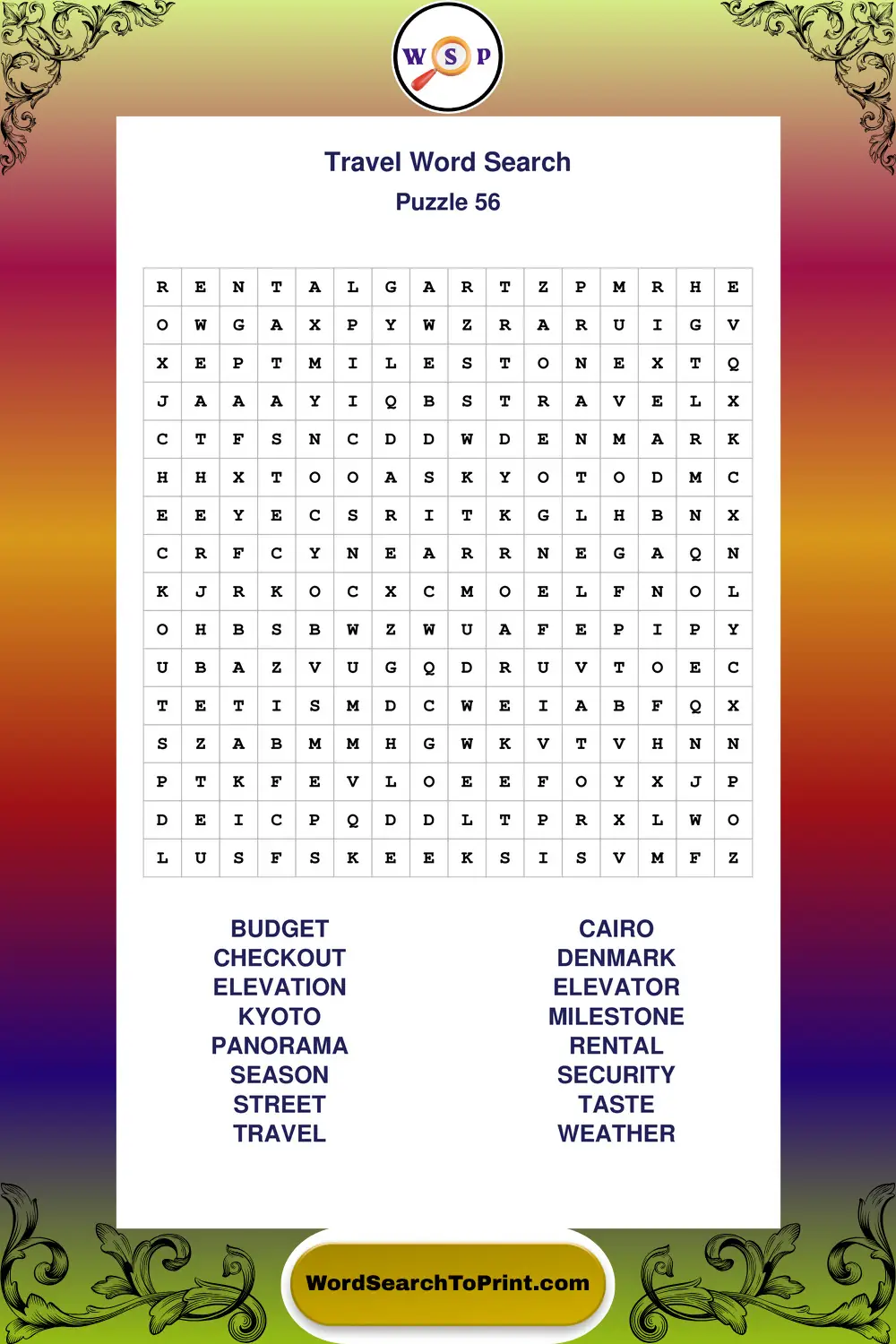 Travel Word Search Puzzle 56