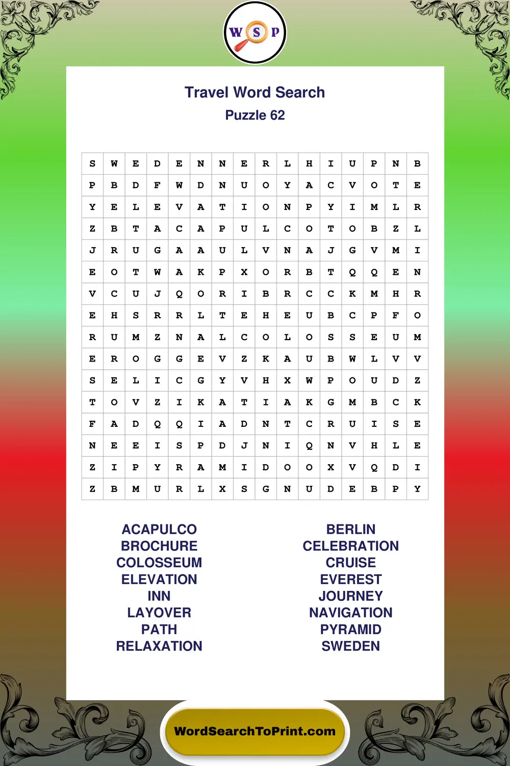 Travel Word Search Puzzle 62