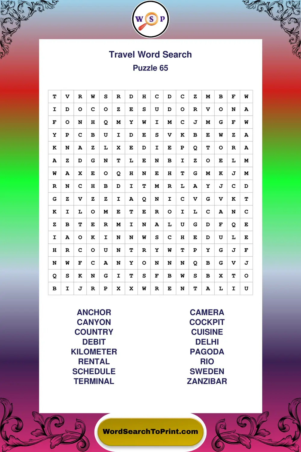 Travel Word Search Puzzle 65