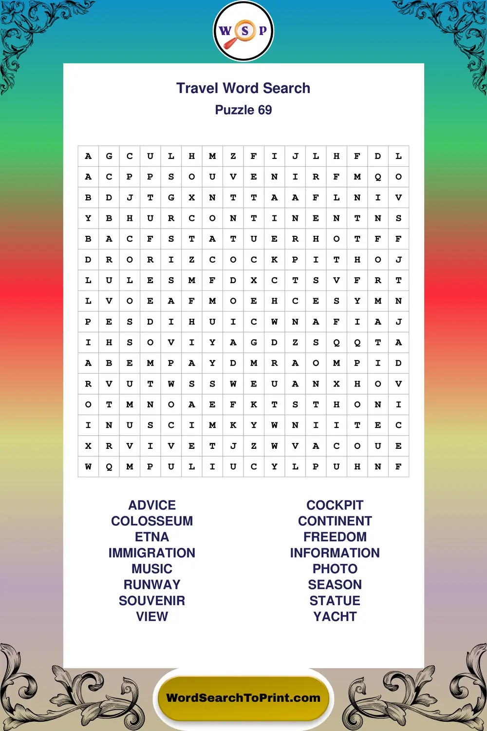 Travel Word Search Puzzle 69
