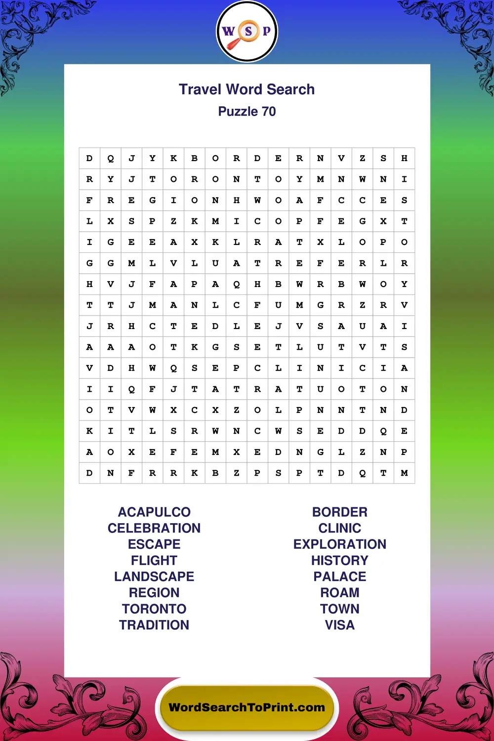 Travel Word Search Puzzle 70