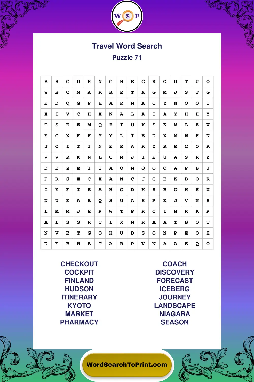 Travel Word Search Puzzle 71