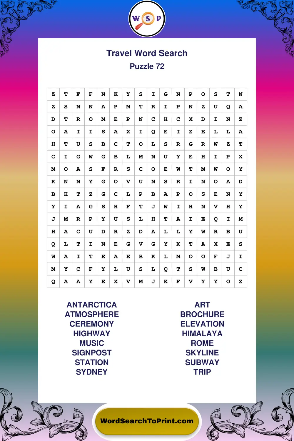 Travel Word Search Puzzle 72