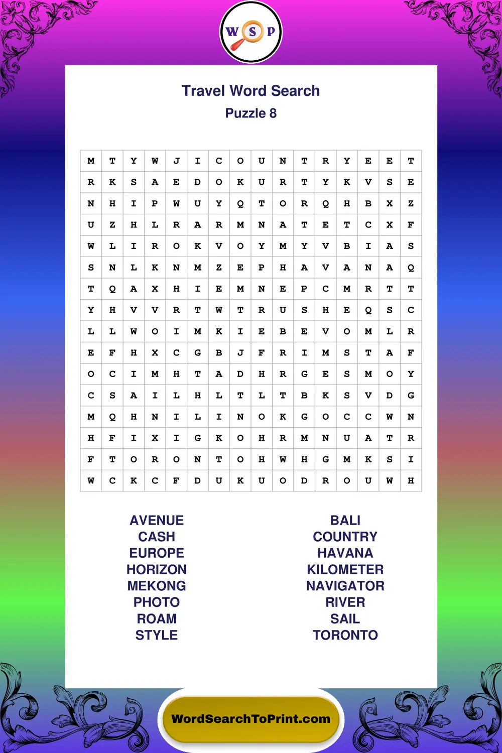 Travel Word Search Puzzle 8