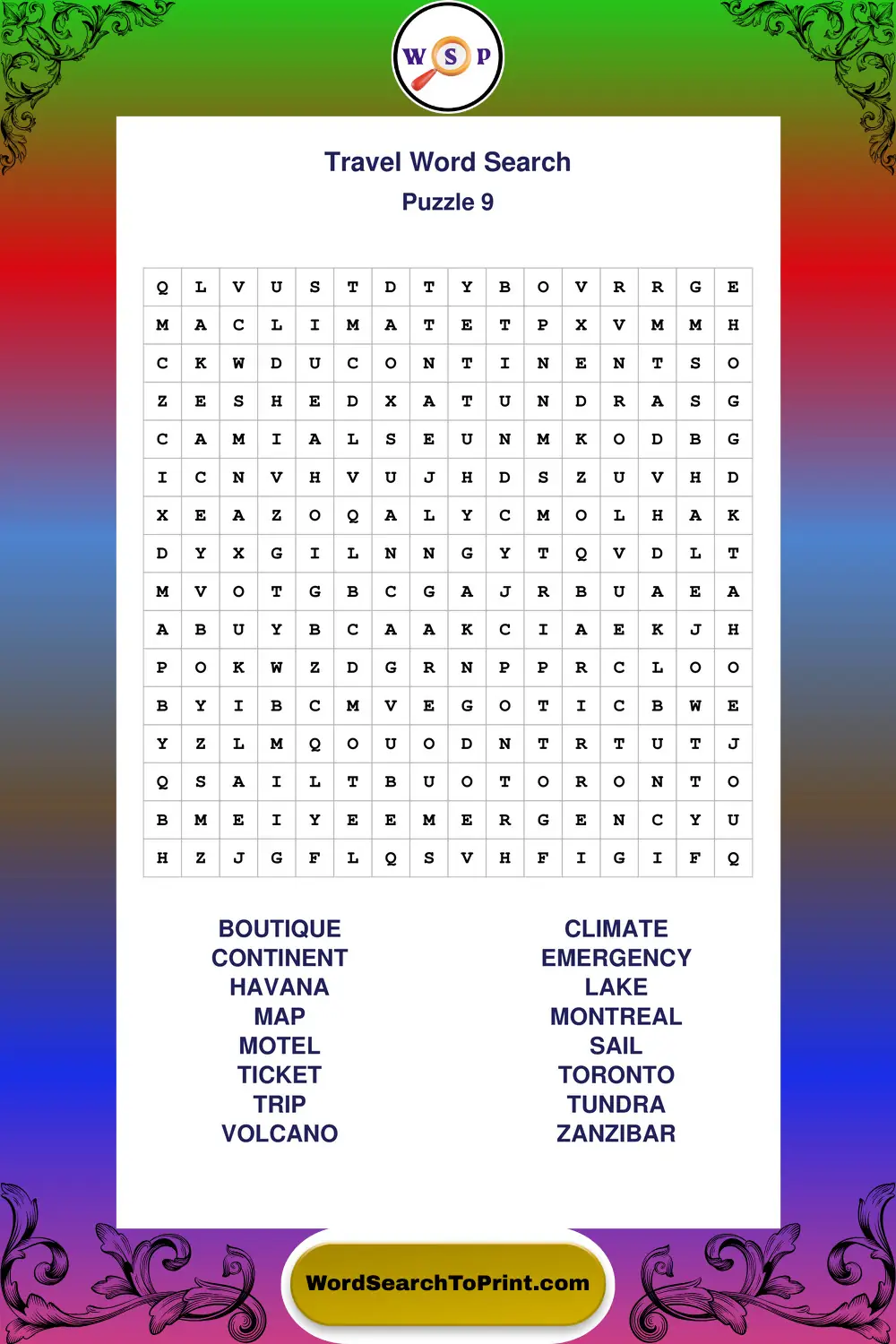 Travel Word Search Puzzle 9