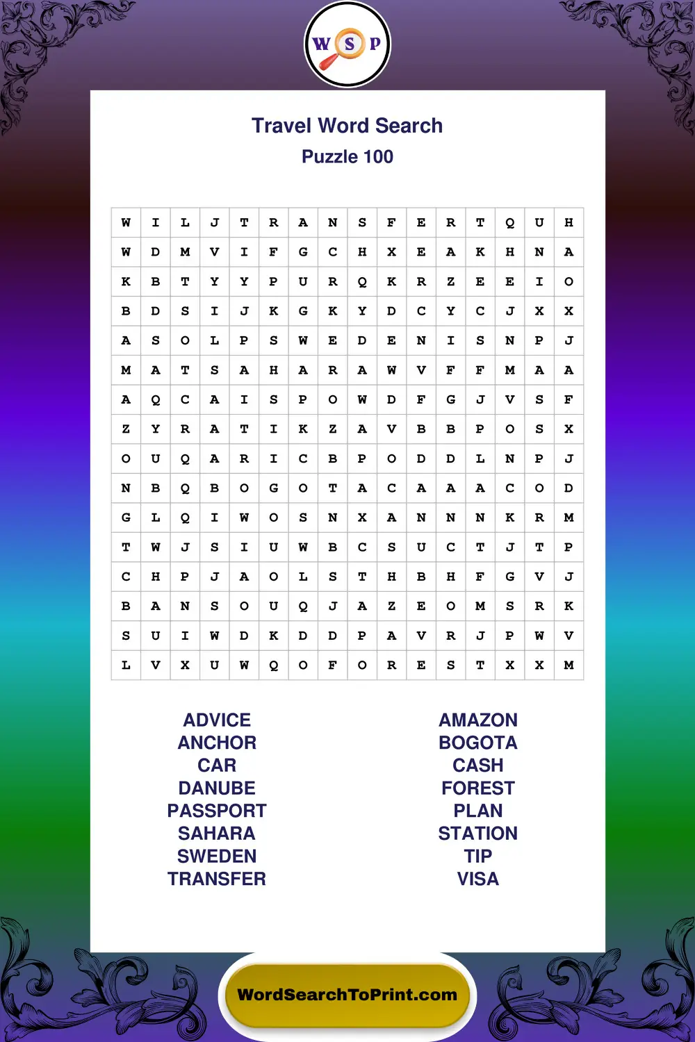 Travel Word Search Puzzle 100