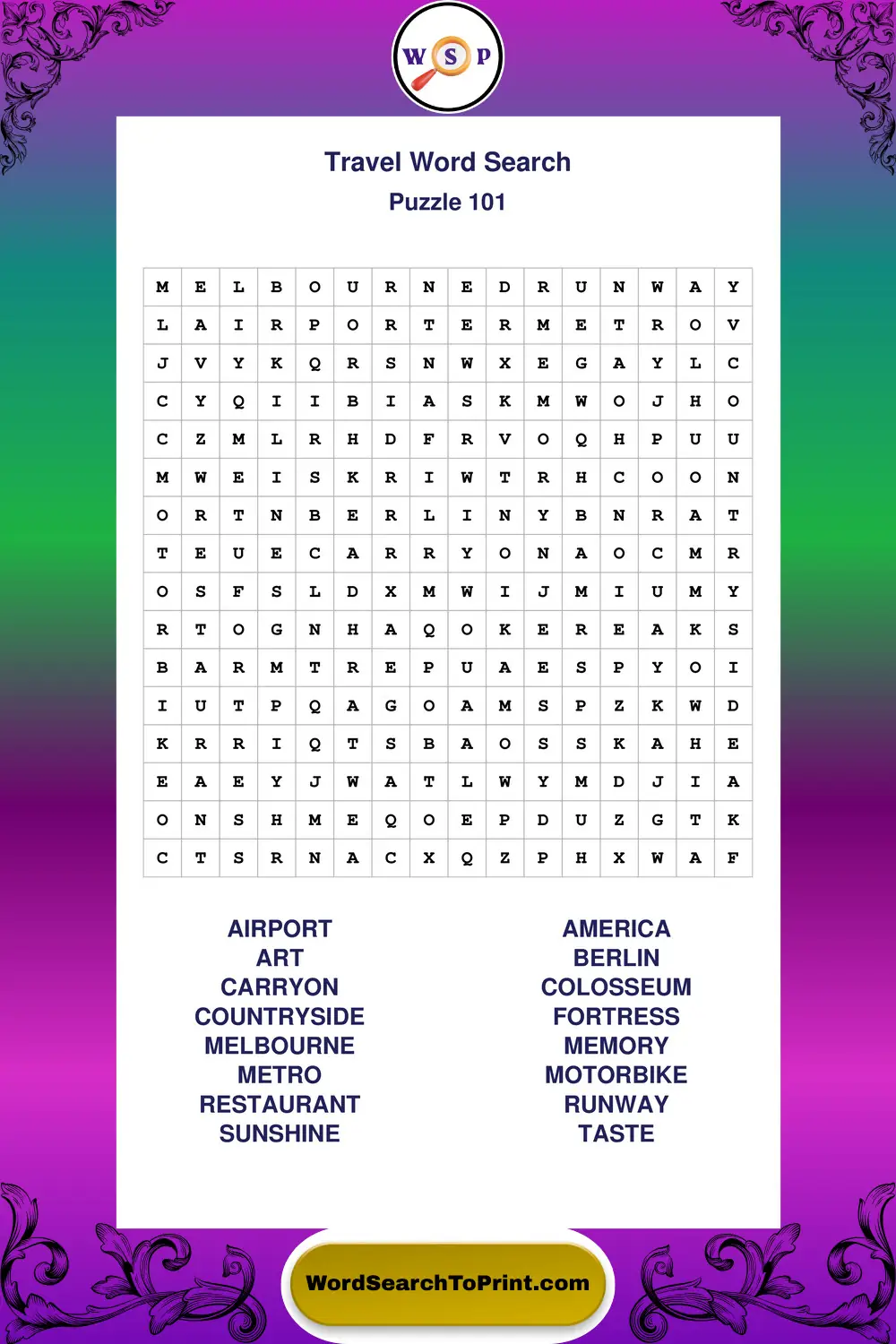 Travel Word Search Puzzle 101
