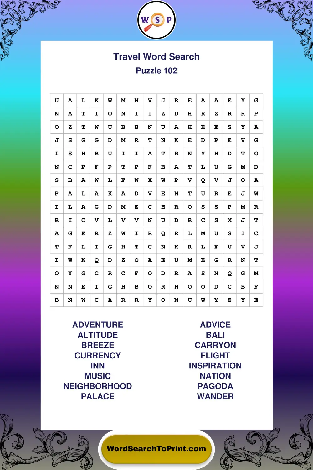 Travel Word Search Puzzle 102
