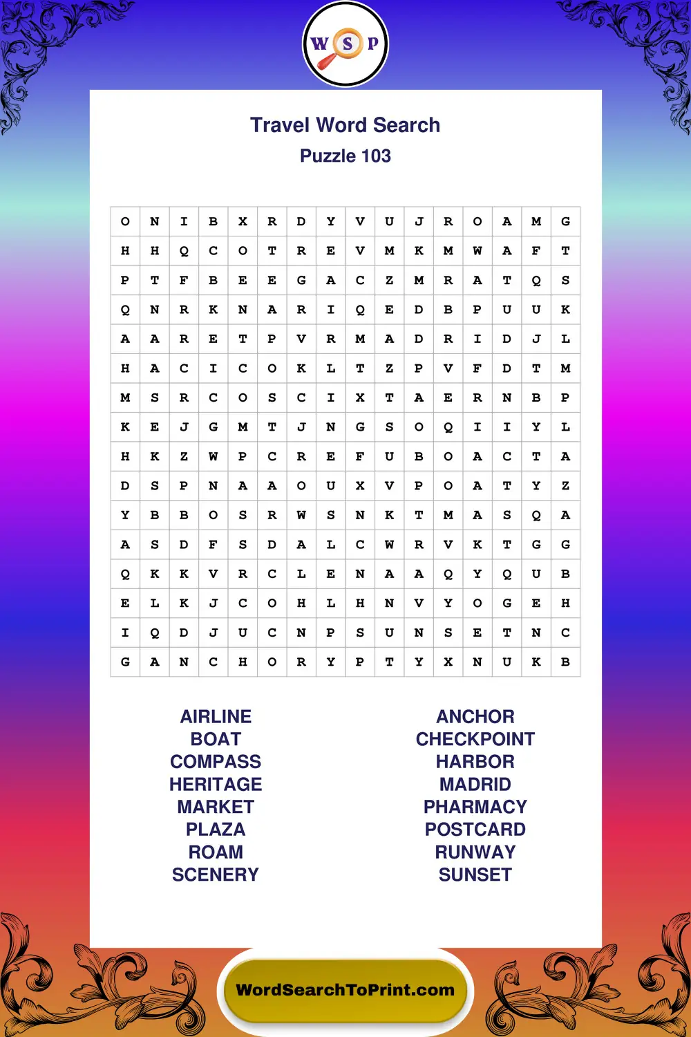 Travel Word Search Puzzle 103