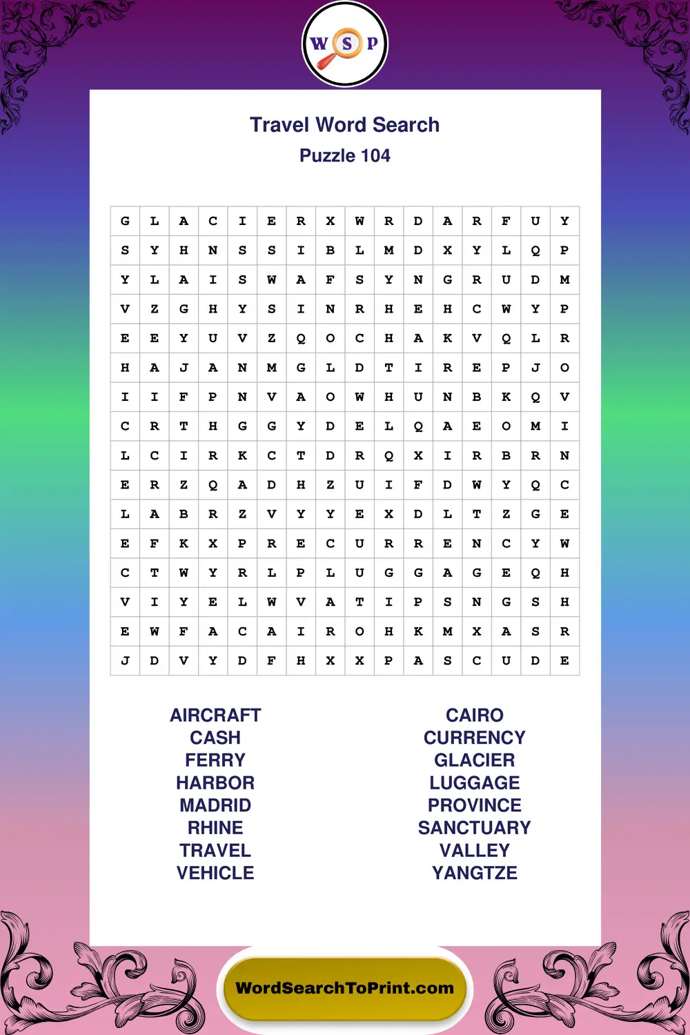 Travel Word Search Puzzle 104