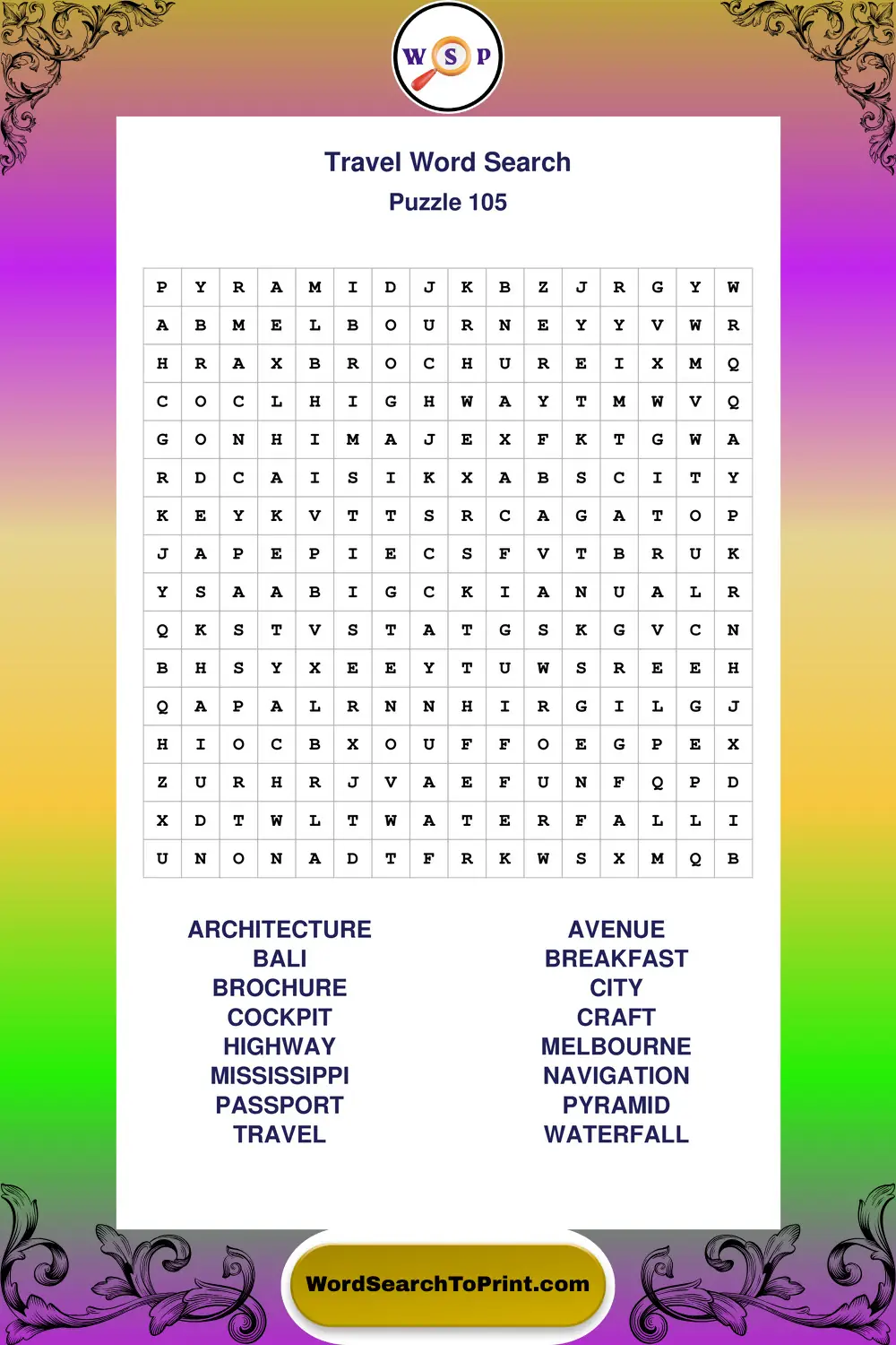 Travel Word Search Puzzle 105