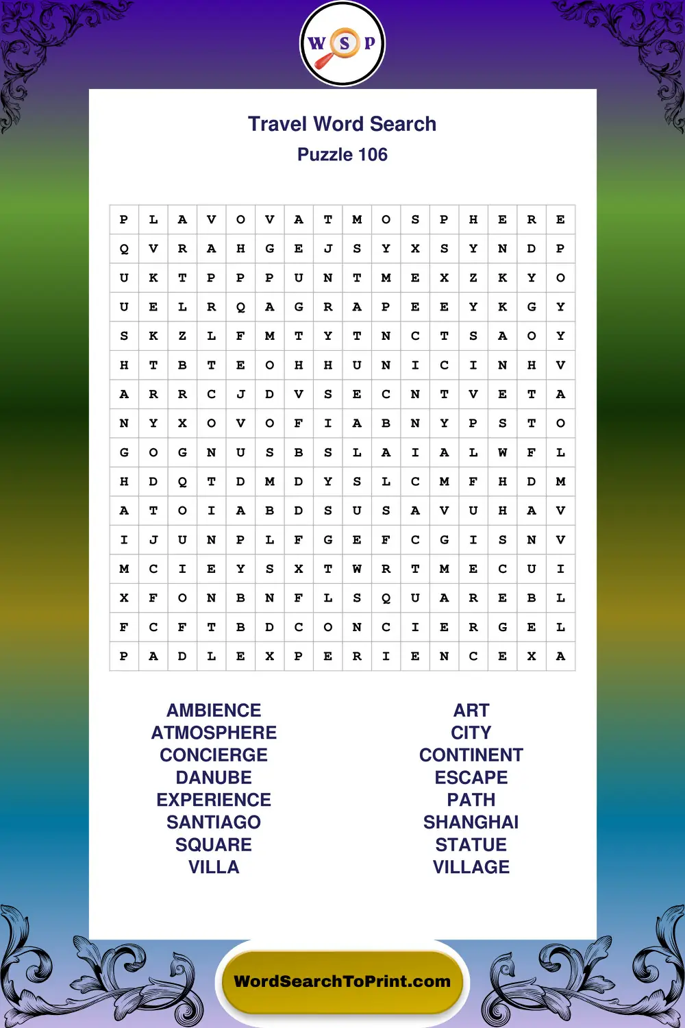 Travel Word Search Puzzle 106