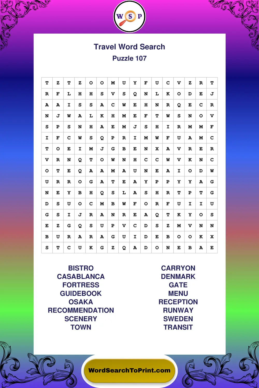 Travel Word Search Puzzle 107