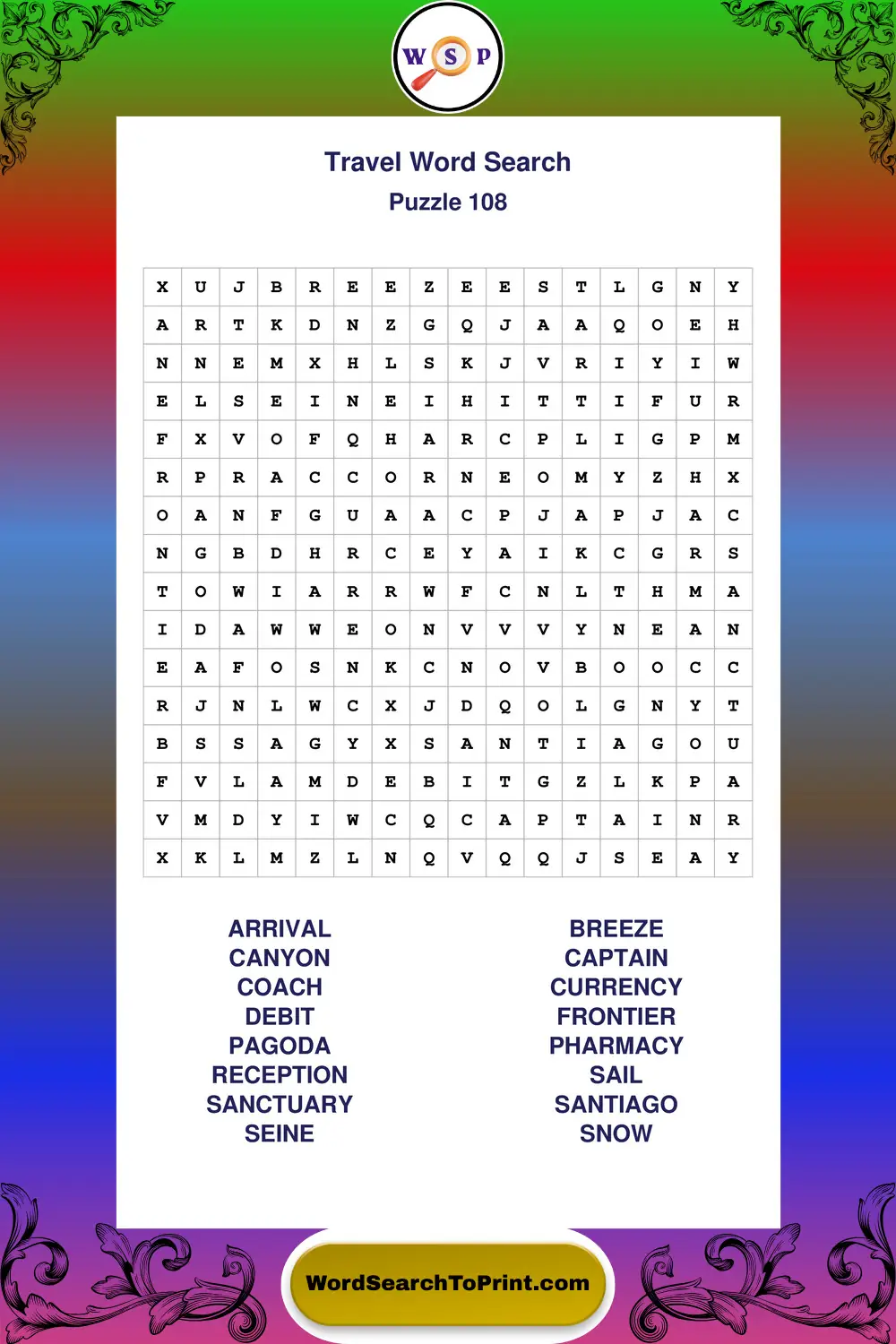 Travel Word Search Puzzle 108