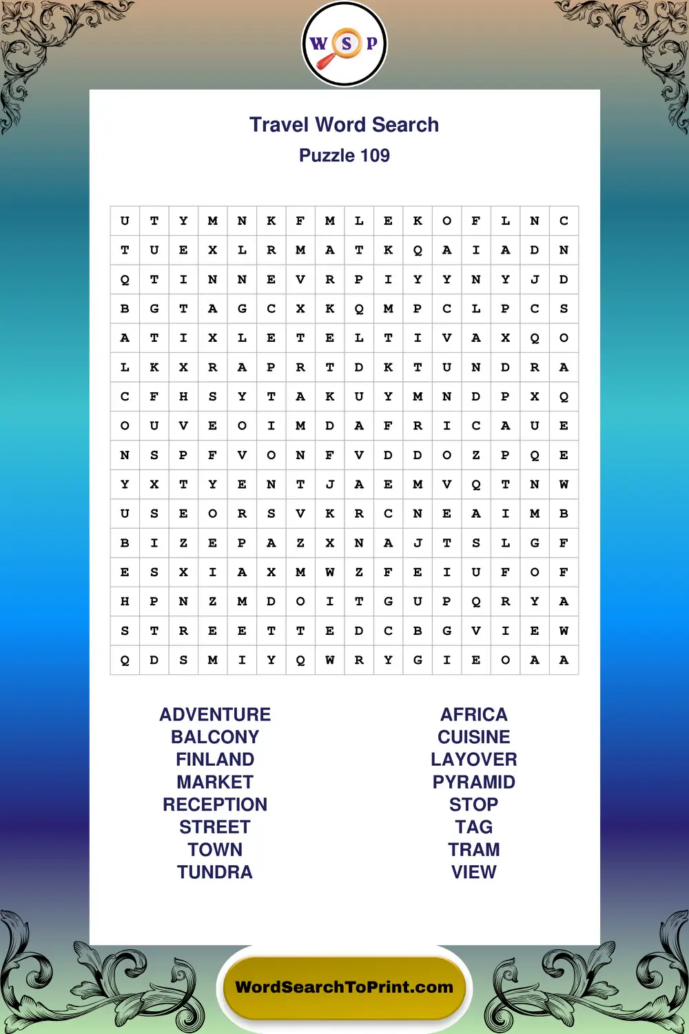 Travel Word Search Puzzle 109