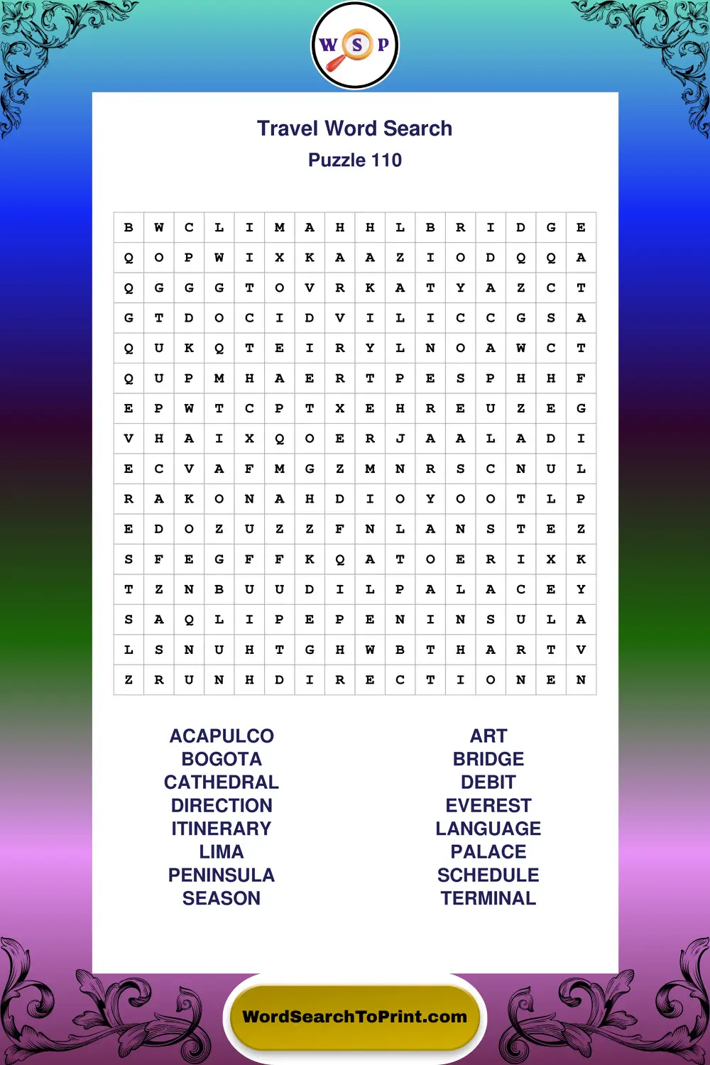Travel Word Search Puzzle 110