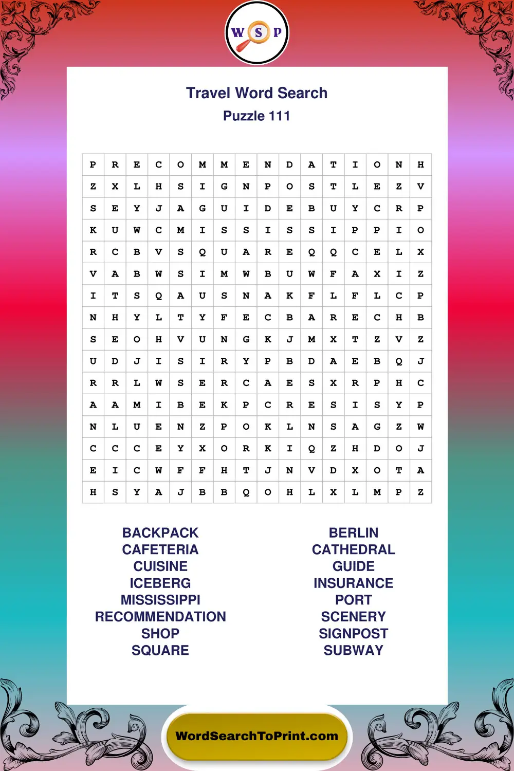 Travel Word Search Puzzle 111