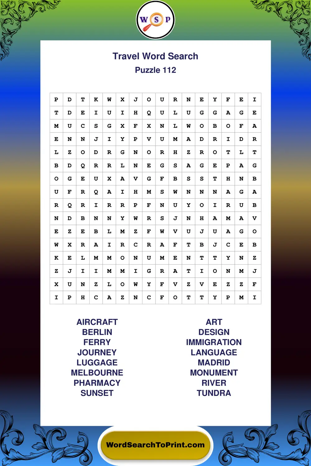 Travel Word Search Puzzle 112