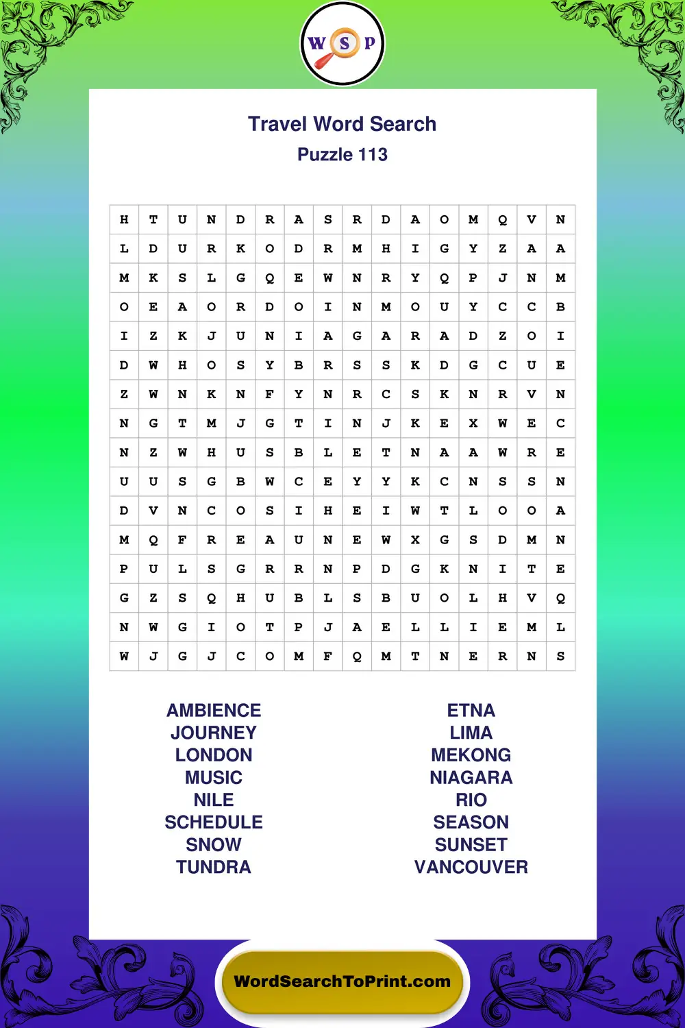 Travel Word Search Puzzle 113