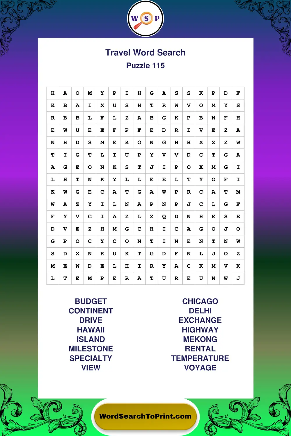 Travel Word Search Puzzle 115