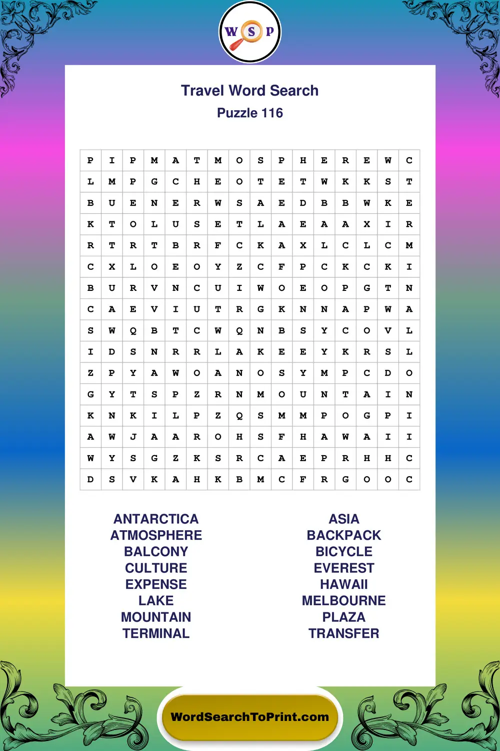 Travel Word Search Puzzle 116