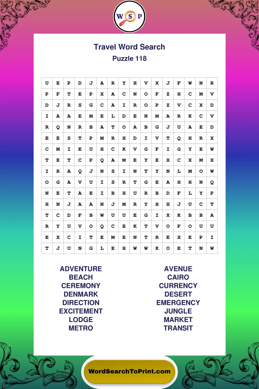 Travel Word Search Puzzle 118