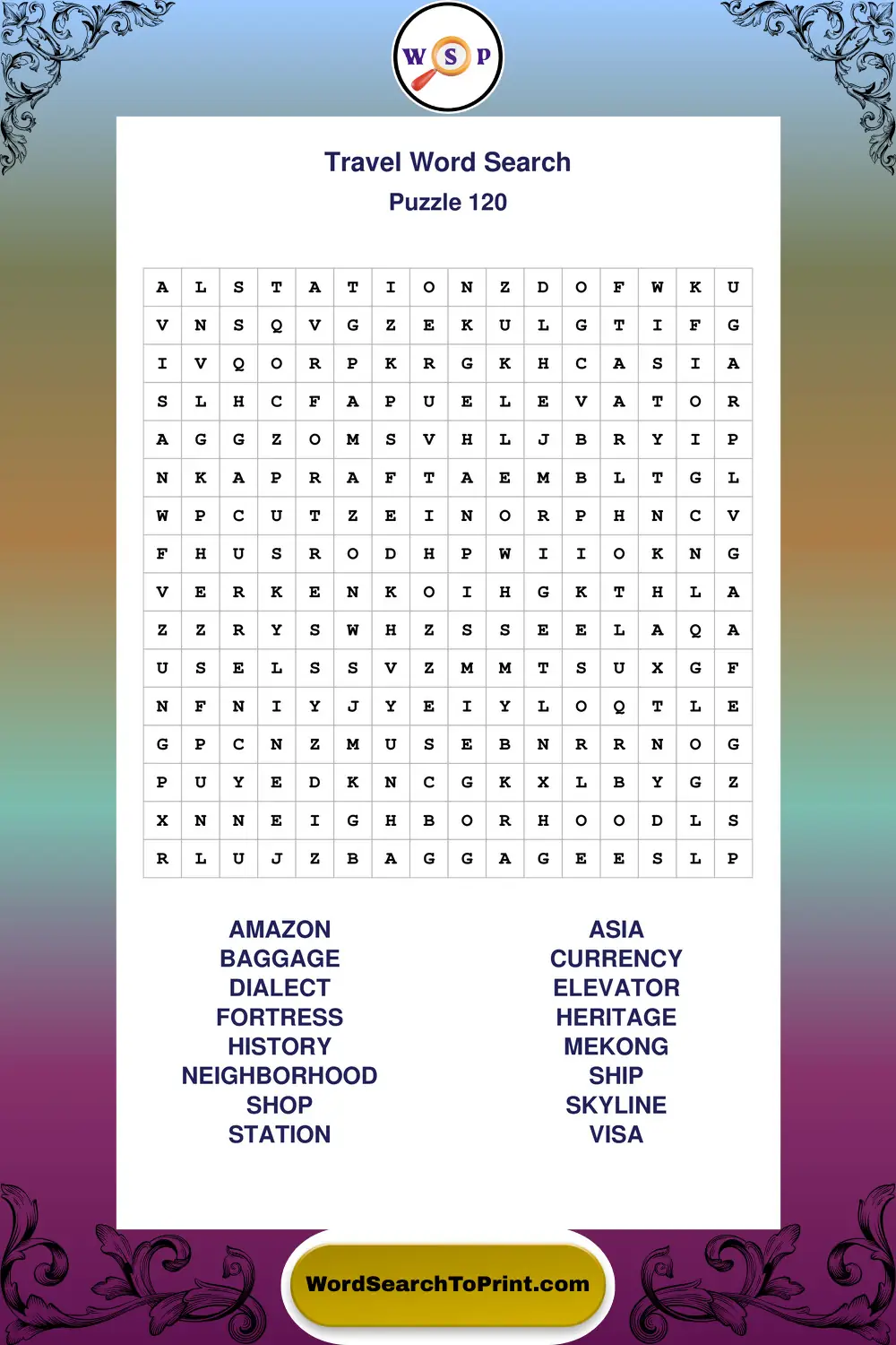 Travel Word Search Puzzle 120