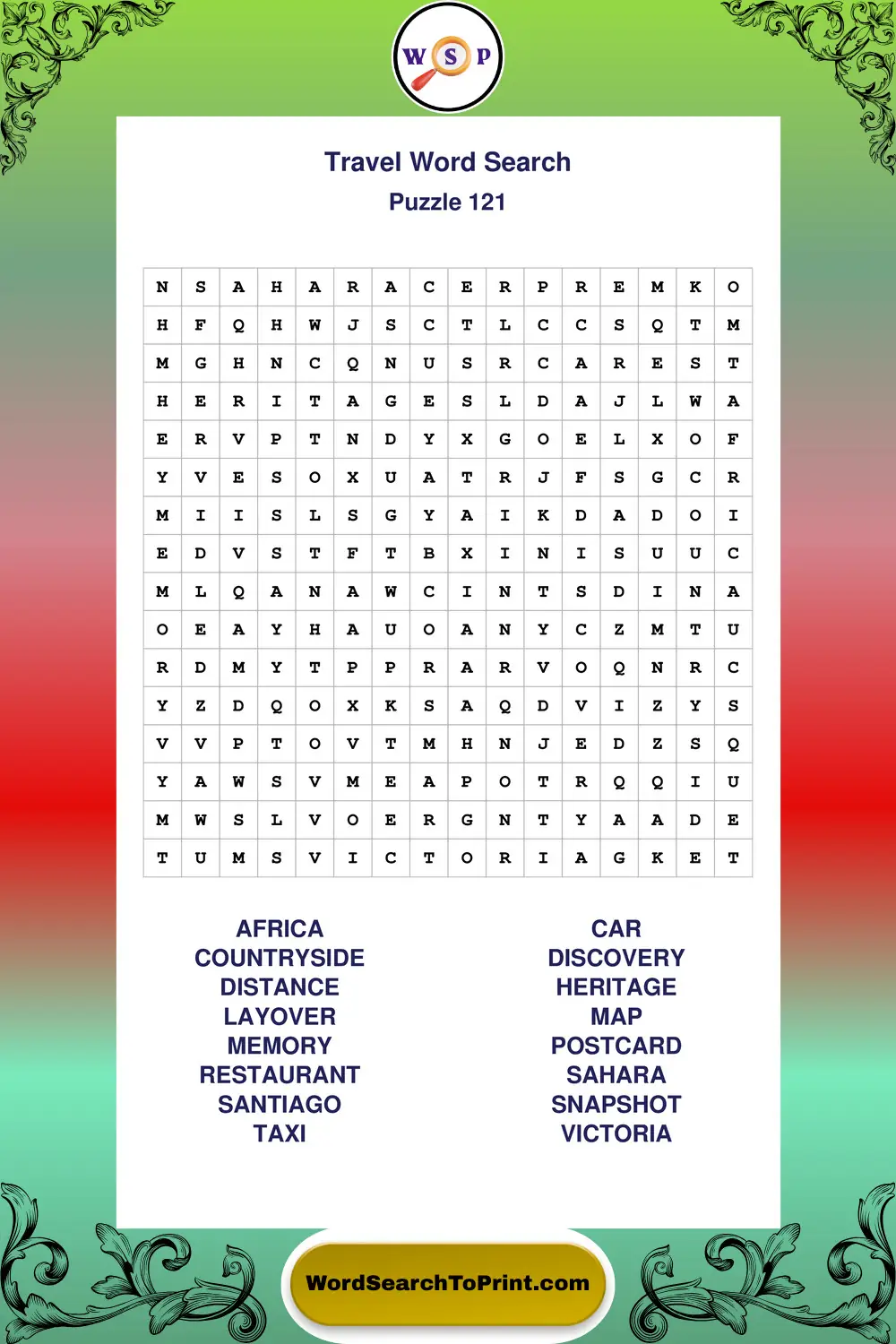 Travel Word Search Puzzle 121