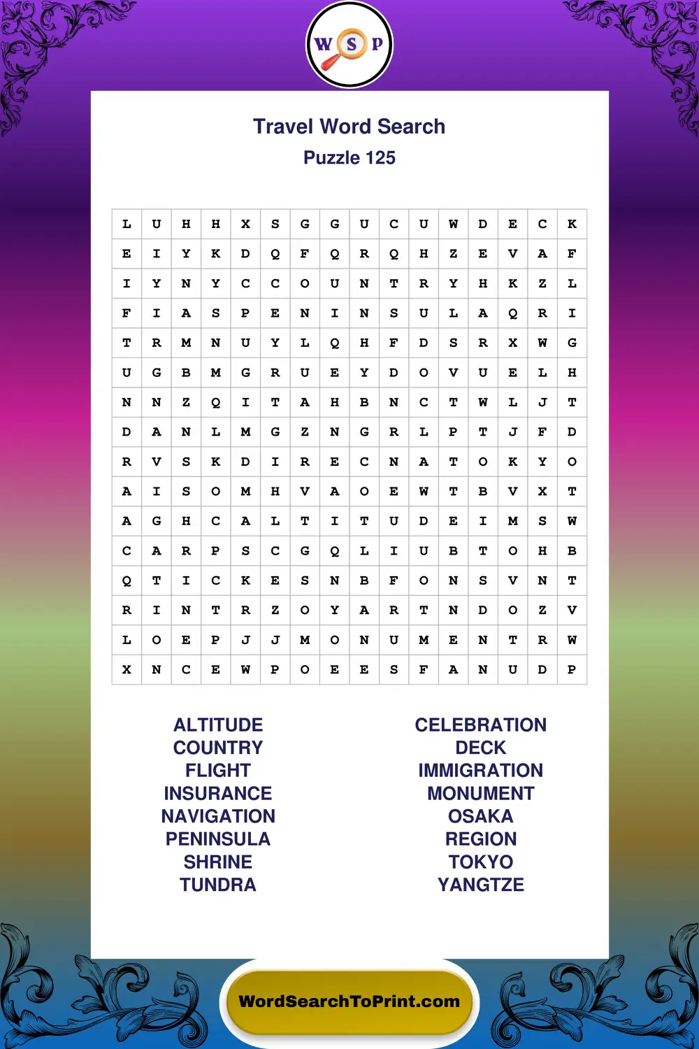 Travel Word Search Puzzle 125