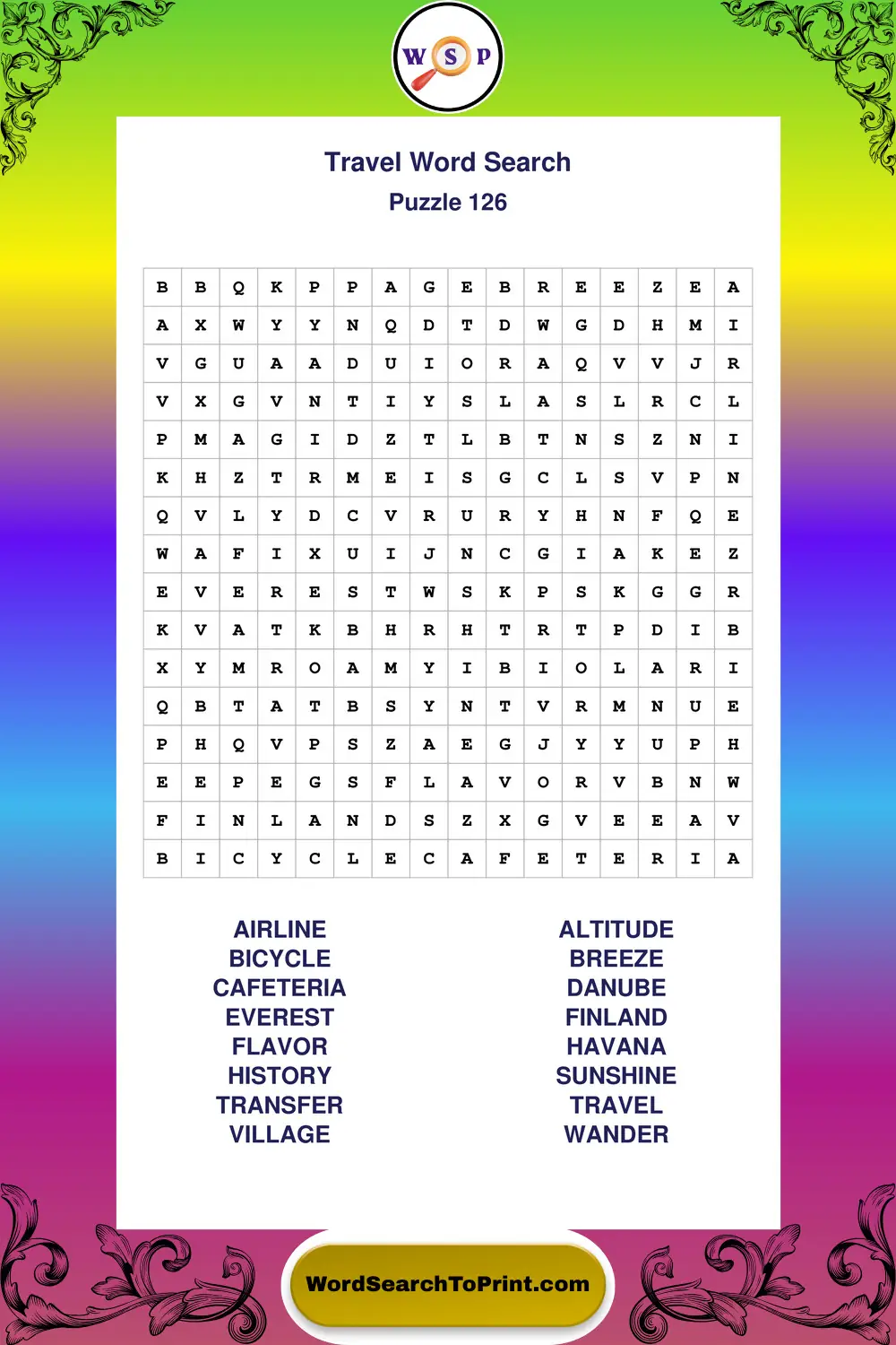 Travel Word Search Puzzle 126