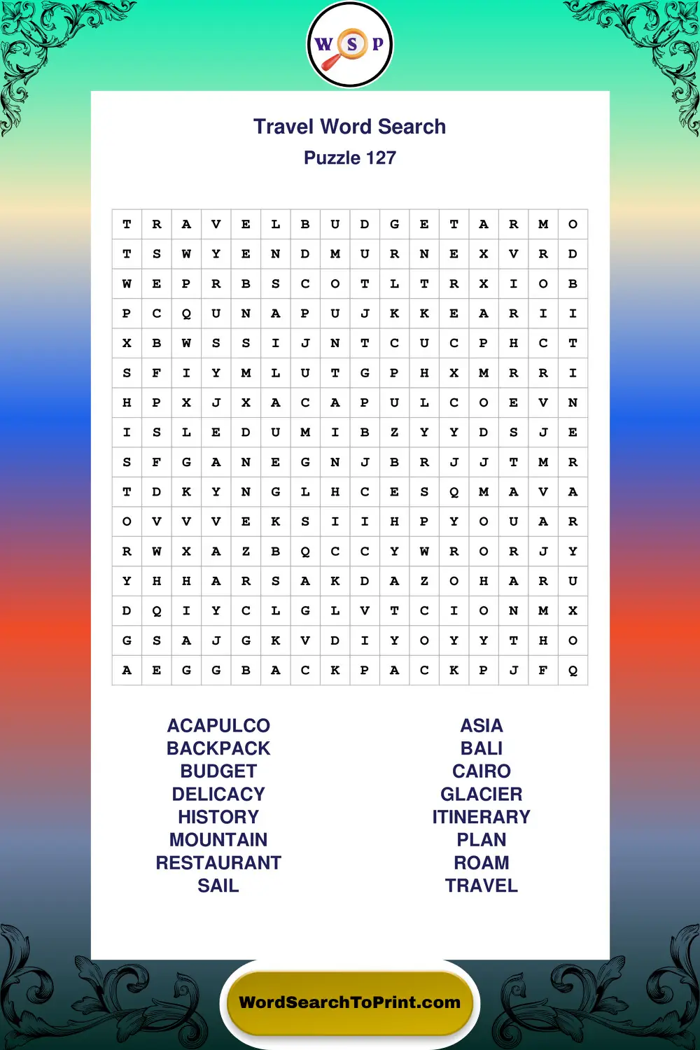 Travel Word Search Puzzle 127