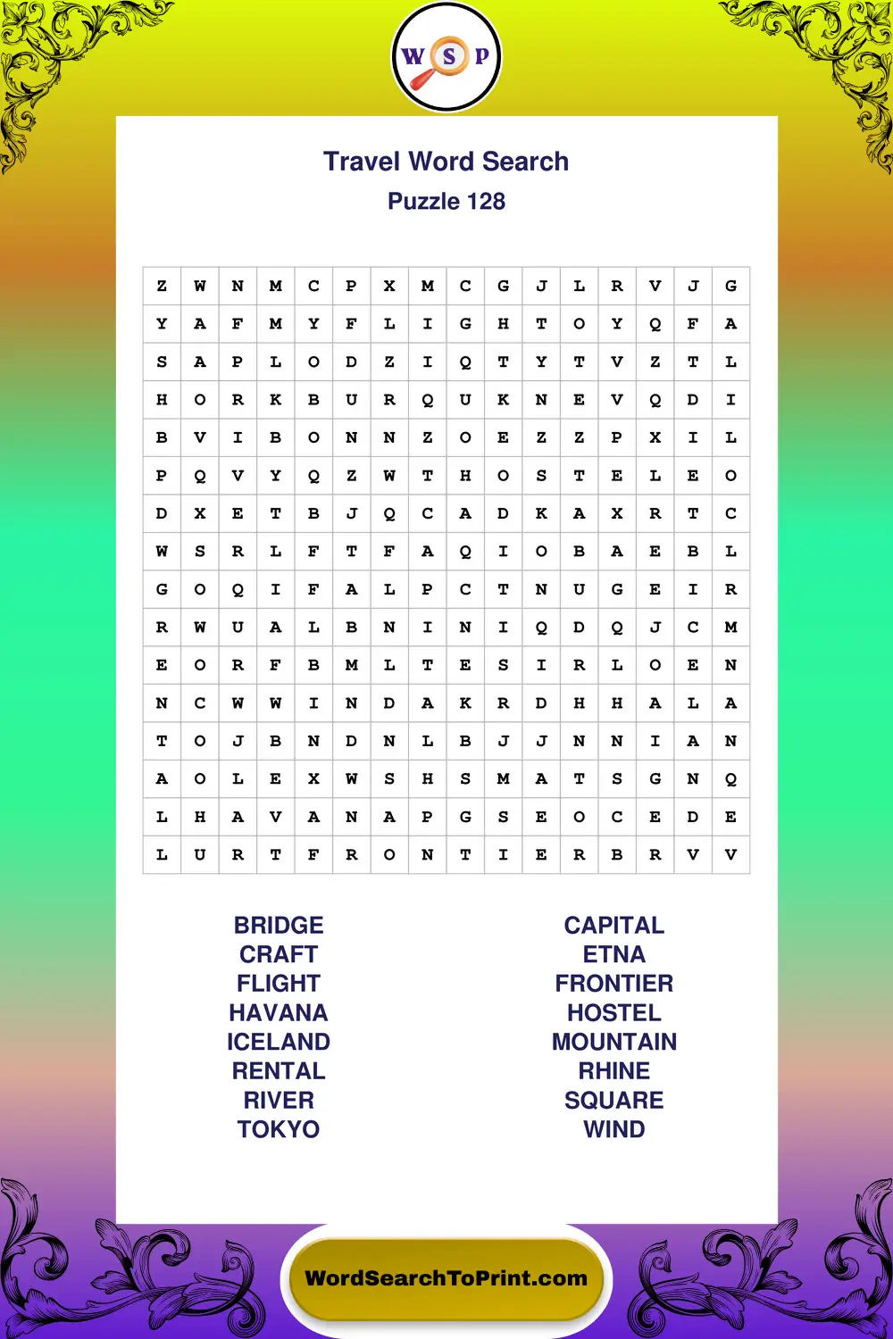 Travel Word Search Puzzle 128