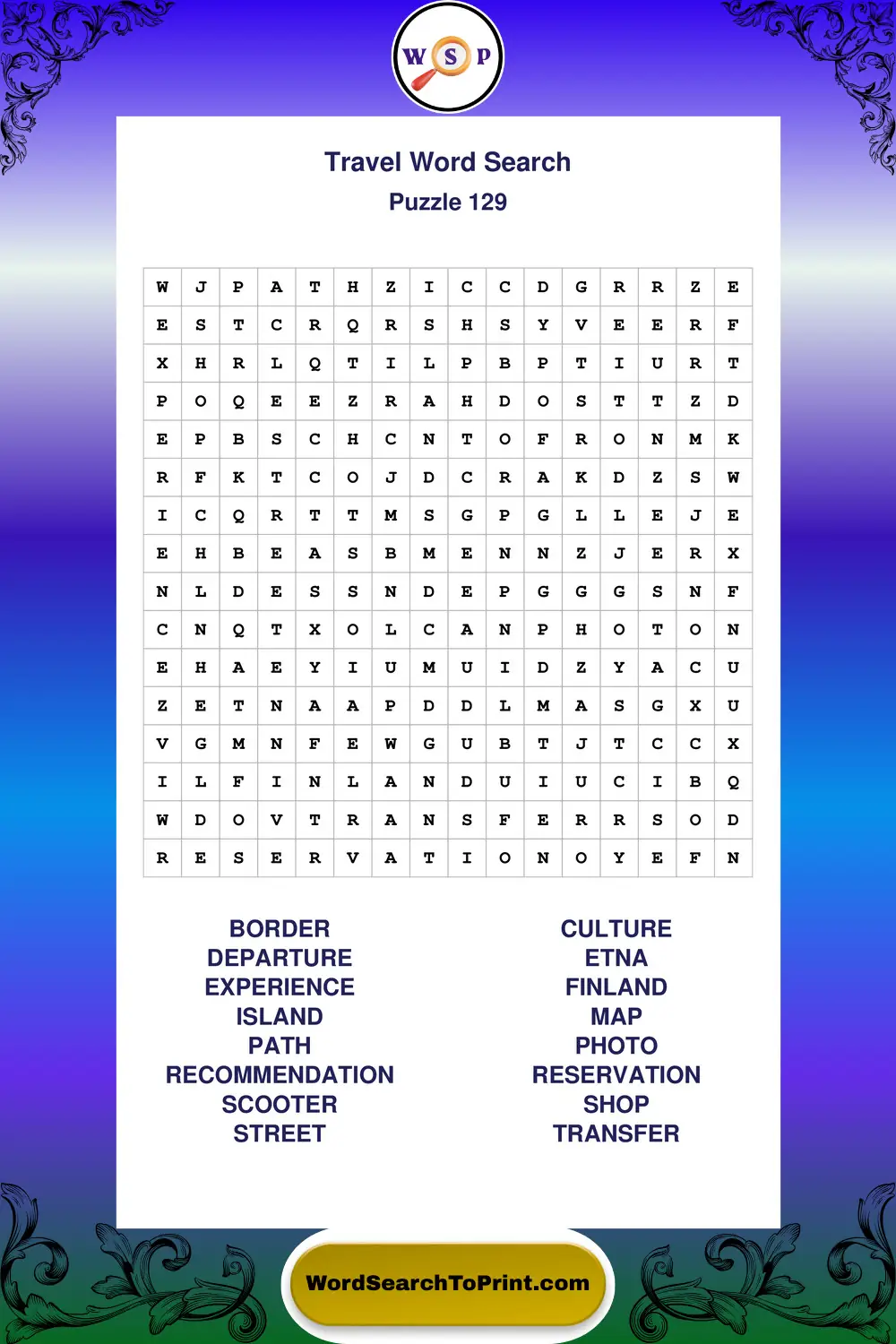 Travel Word Search Puzzle 129