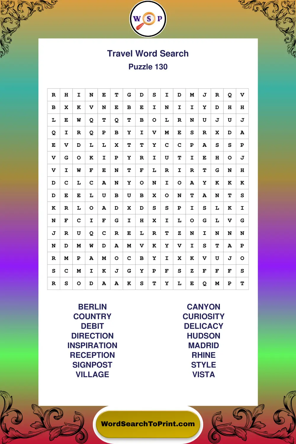 Travel Word Search Puzzle 130