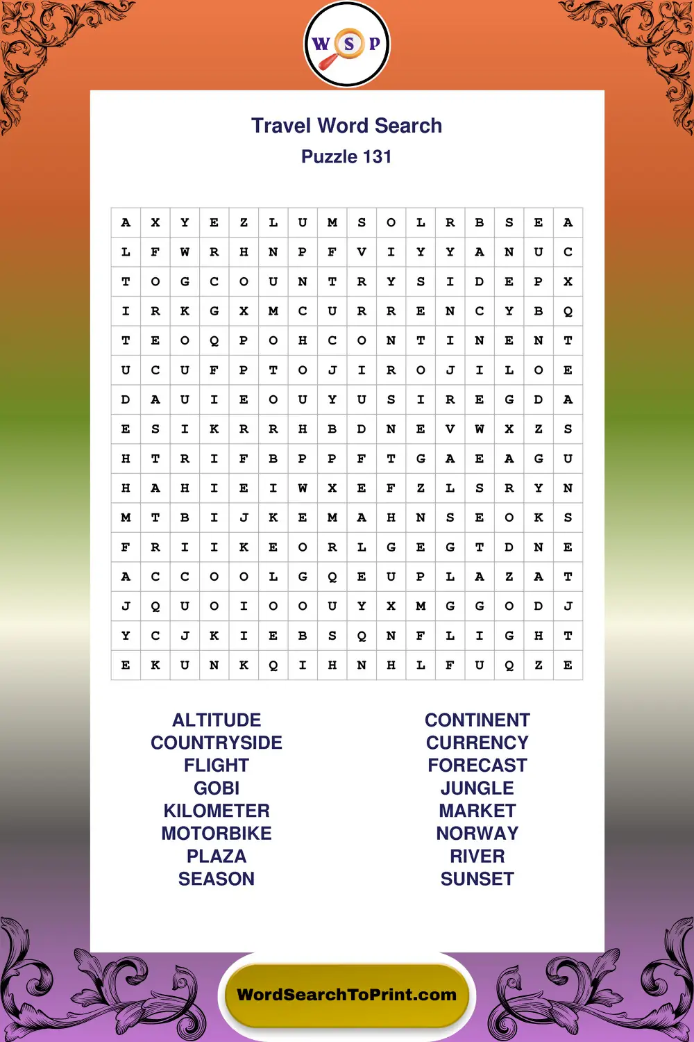Travel Word Search Puzzle 131